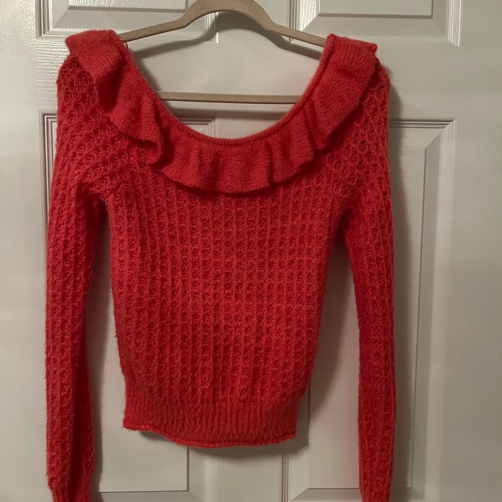 Anthropologie coral orange ruffle neck Fall sweater XS🧡🍊🧶👌🥰 - Picture 3 of 11